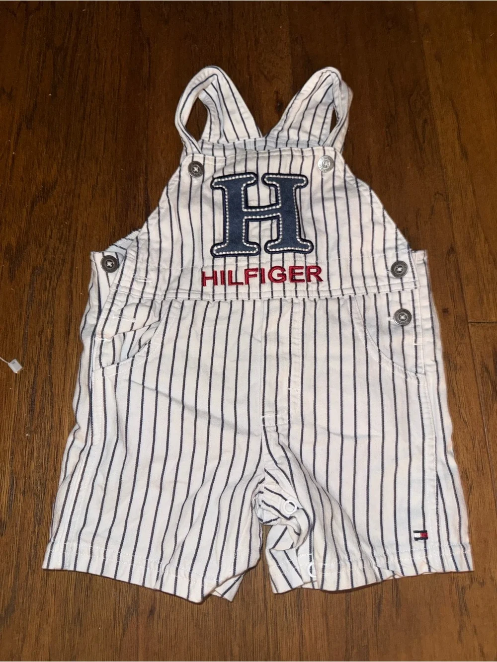 Tommy Hilfiger White & Navy Pinstripe Overalls with Red Logo